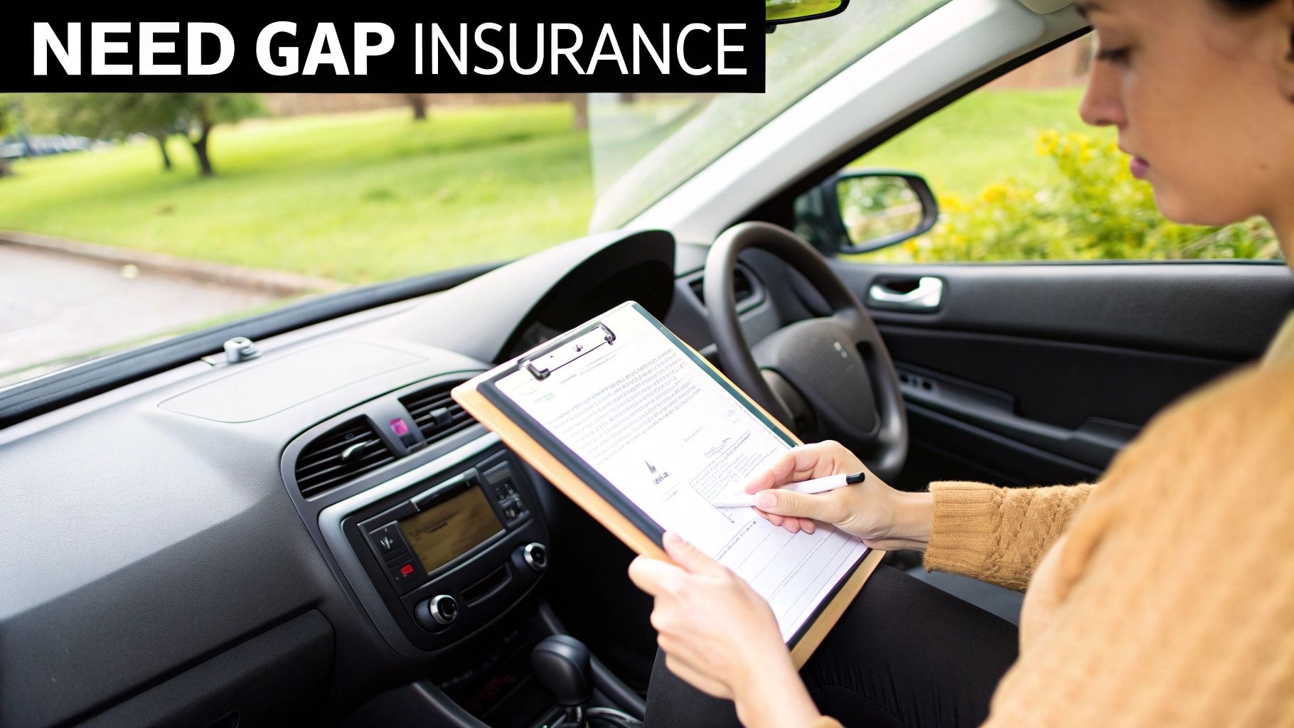 A woman in a car dashboard filling out a form, with text 'NEED GAP INSURANCE' in the banner.