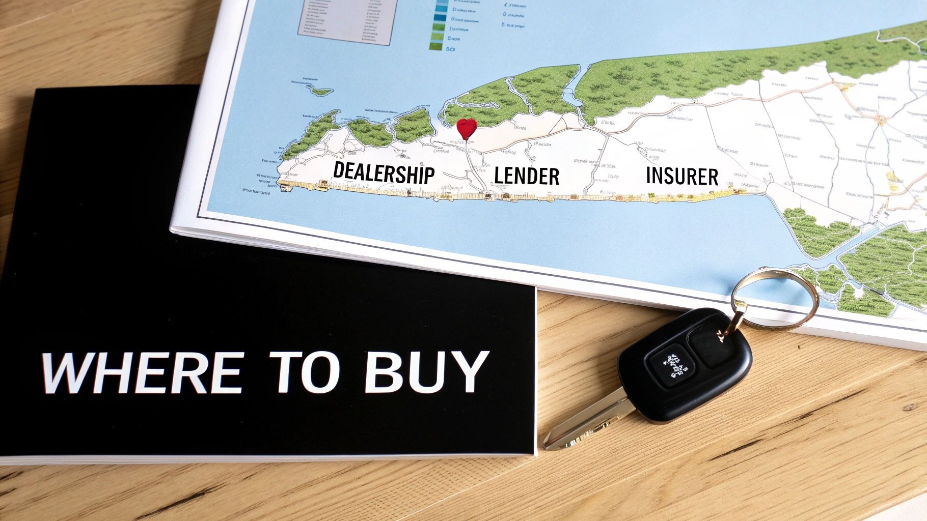 A car key, a map illustrating dealership, lender, and insurer locations, and a 'WHERE TO BUY' book.