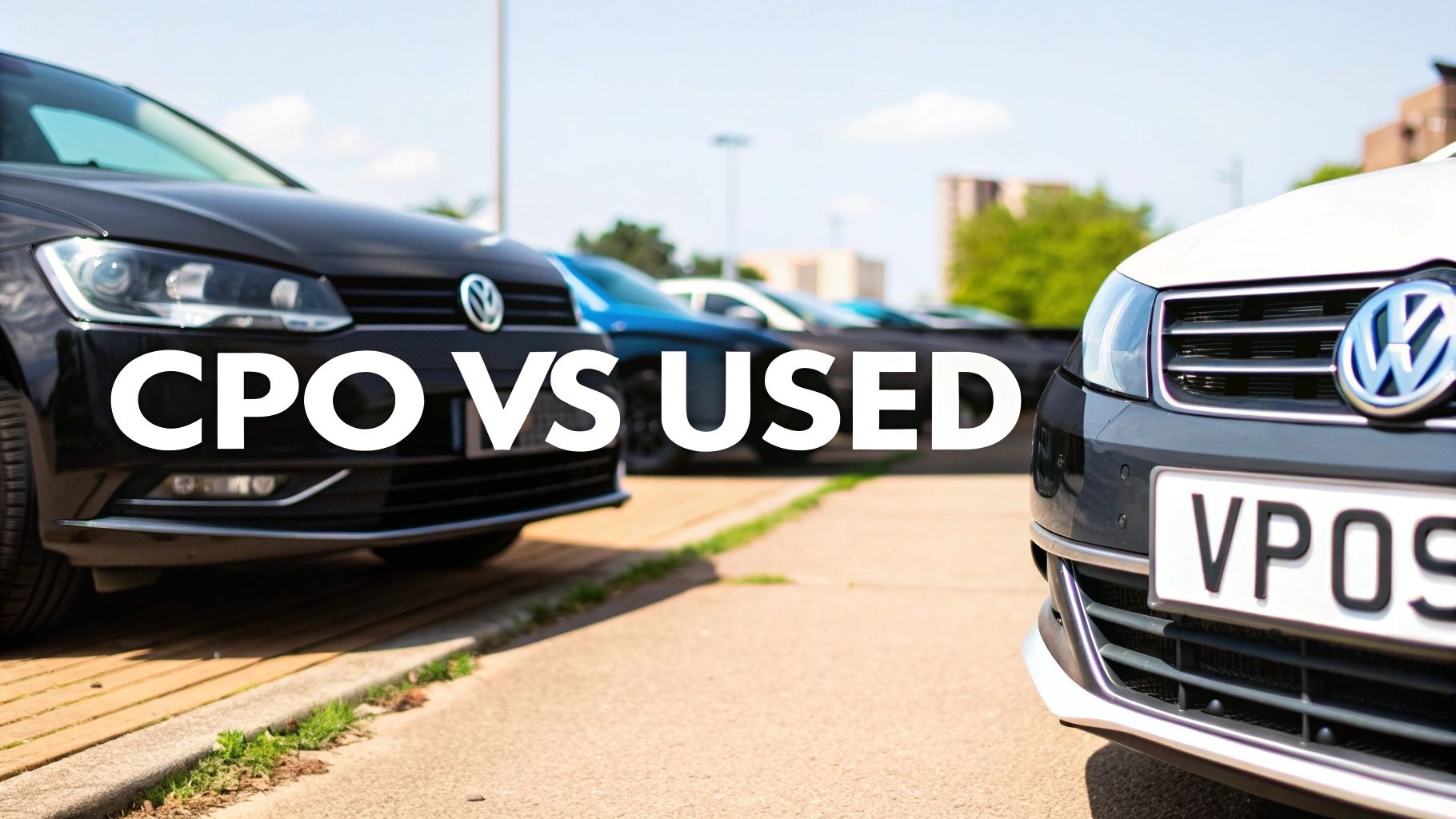 Front views of two Volkswagen cars, black and white, with the text 'CPO VS USED' in the foreground.