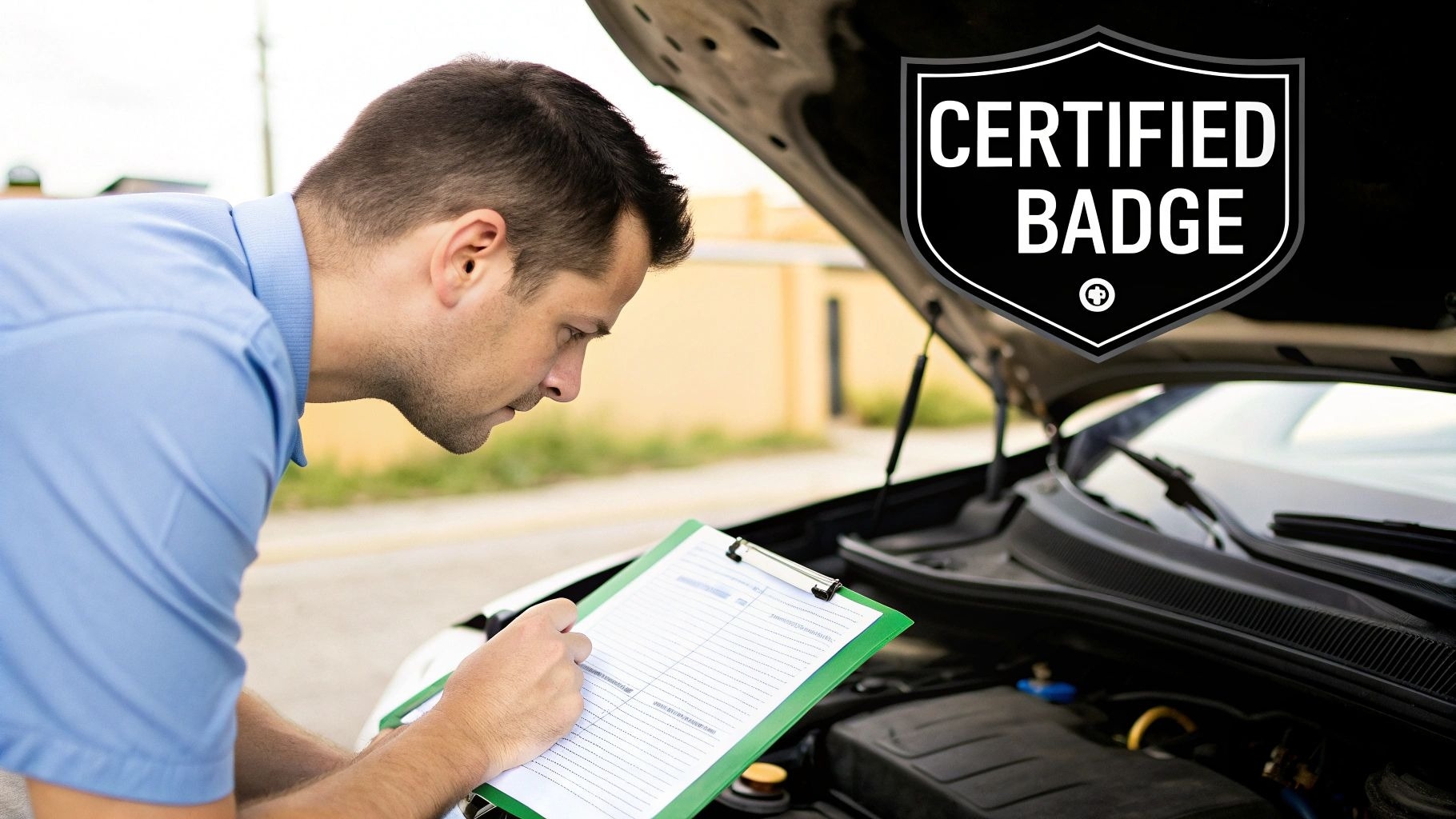 A technician inspects a car engine with a clipboard, emphasizing certified vehicle inspections.