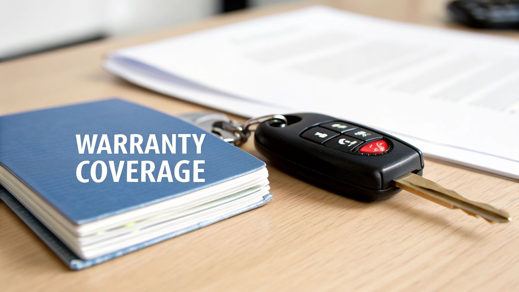 A blue 'WARRANTY COVERAGE' booklet next to a car key and documents on a wooden desk.