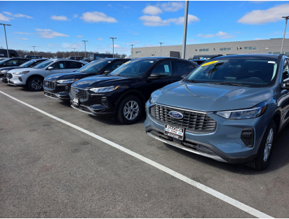 Ford Escape SUVs lined up on dealership lot showing multiple exterior color options