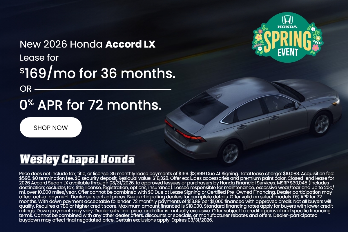 Lease a New Honda Accord LX for as low as $169 Per Month for 36 Months