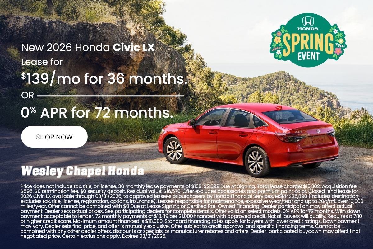 Lease a New Honda Civic LX for as low as $139 Per Month for 36 Months