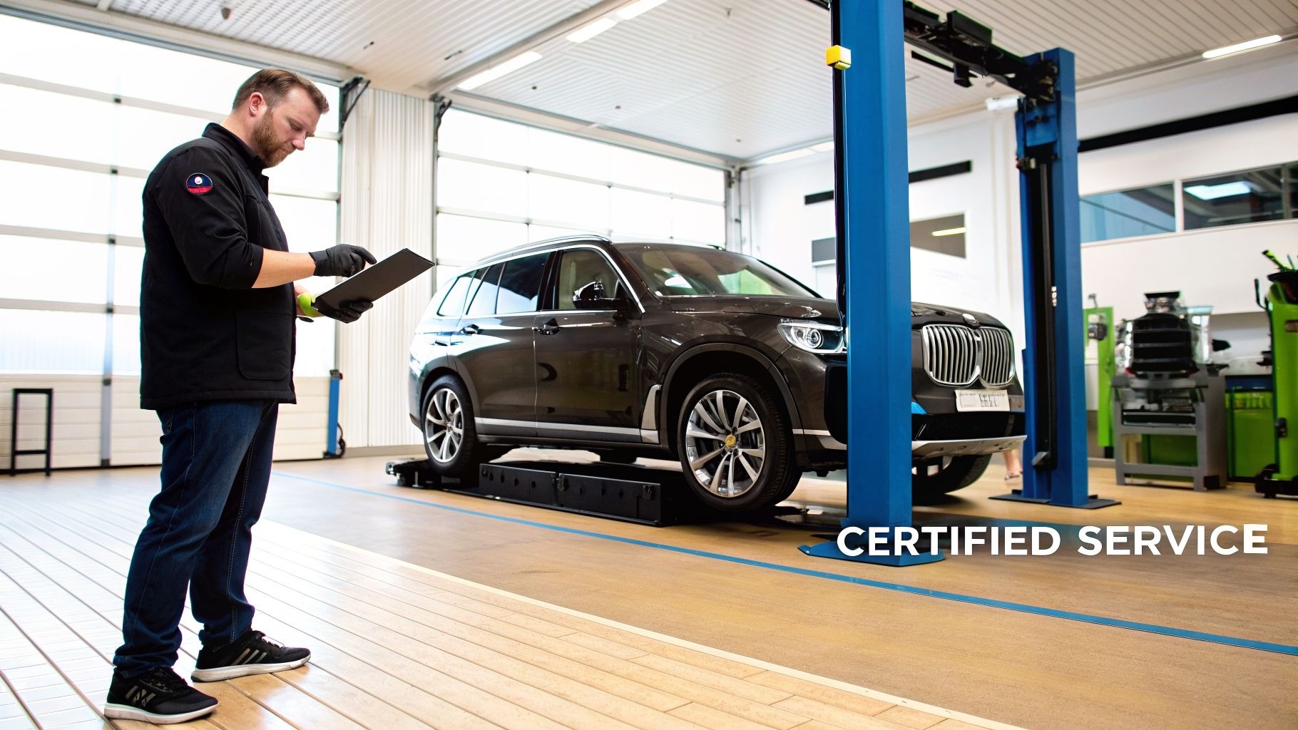 A male mechanic in a black jacket and gloves examining a tablet next to a black BMW X7 SUV on a lift…