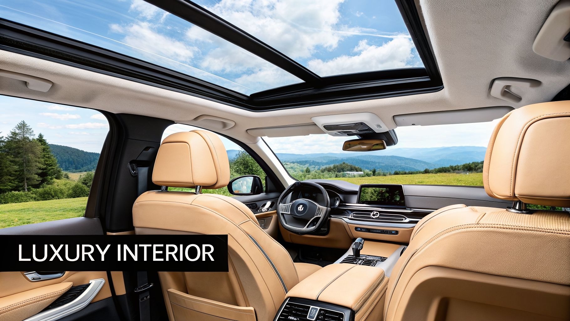 Luxurious car interior with tan leather seats, panoramic sunroof, and a scenic mountain view.