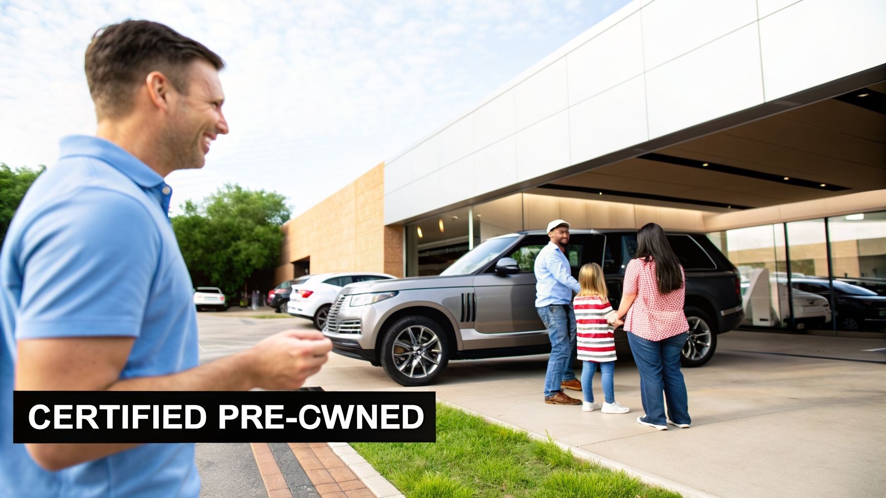 A happy family with a child takes delivery of a grey certified pre-owned SUV at a car dealership.