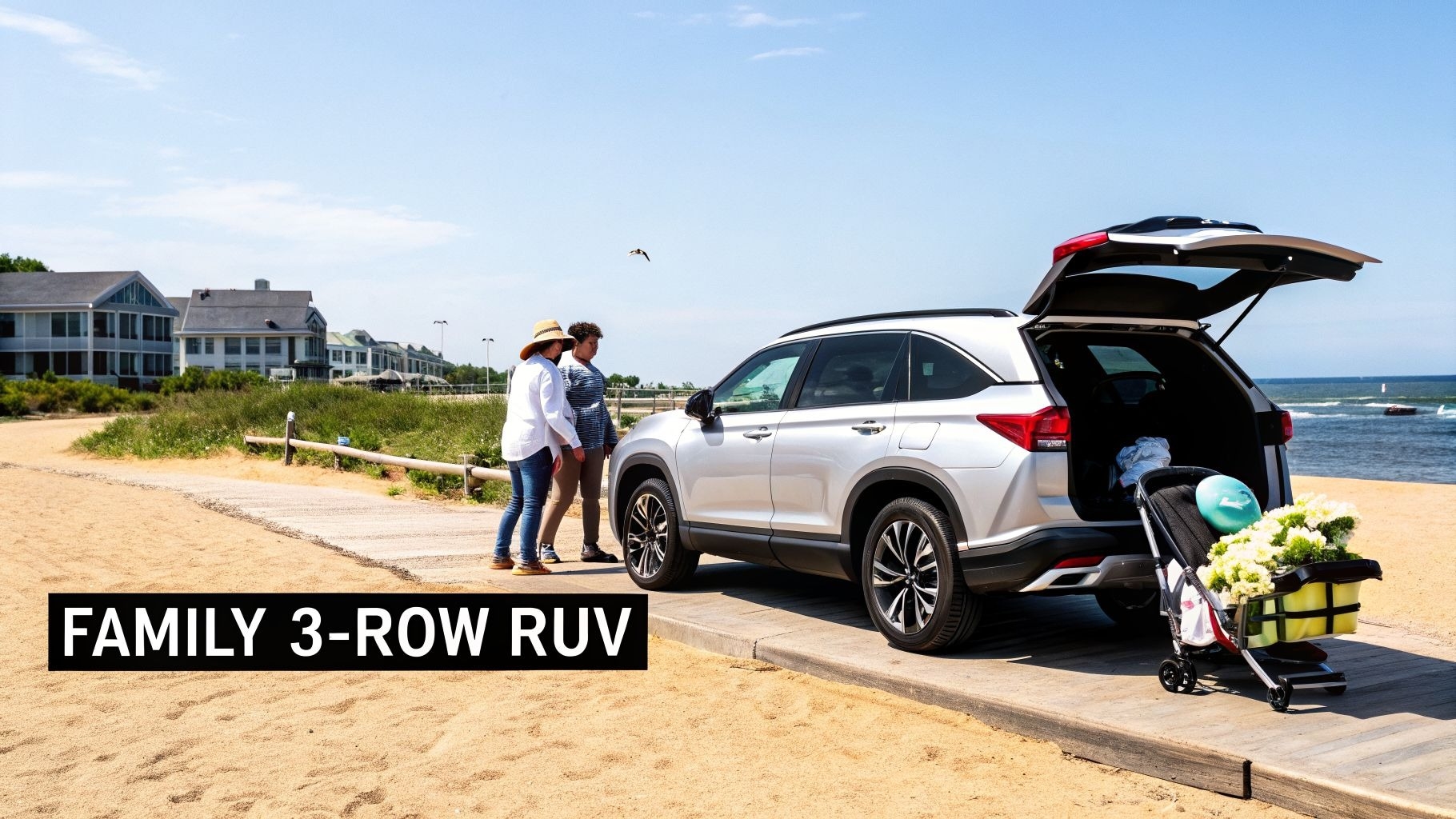 A silver 3-row SUV with its trunk open, parked on a boardwalk next to a sandy beach. Two people stading