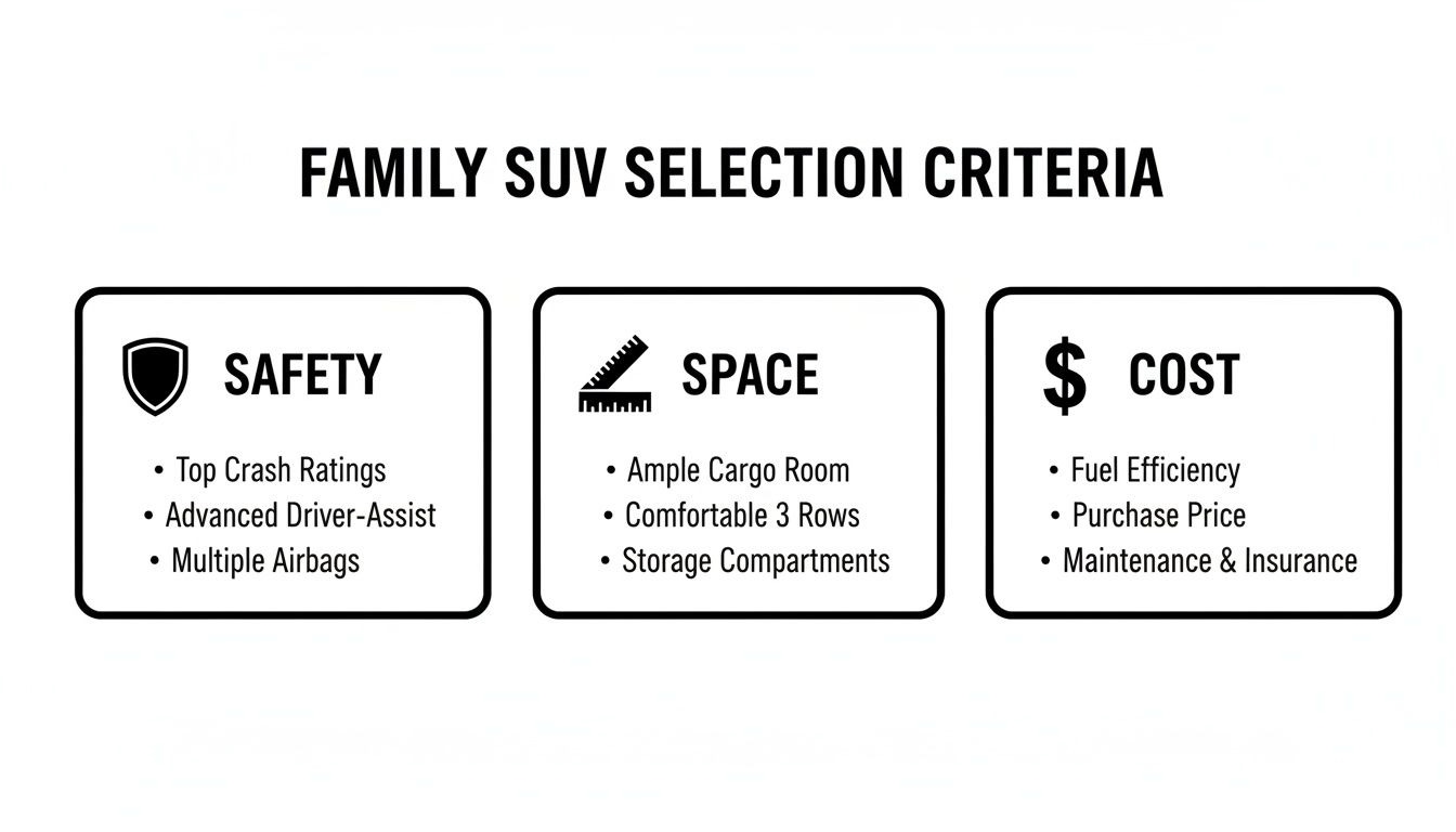 Family SUV selection criteria covering safety, space, and cost with detailed bullet points.