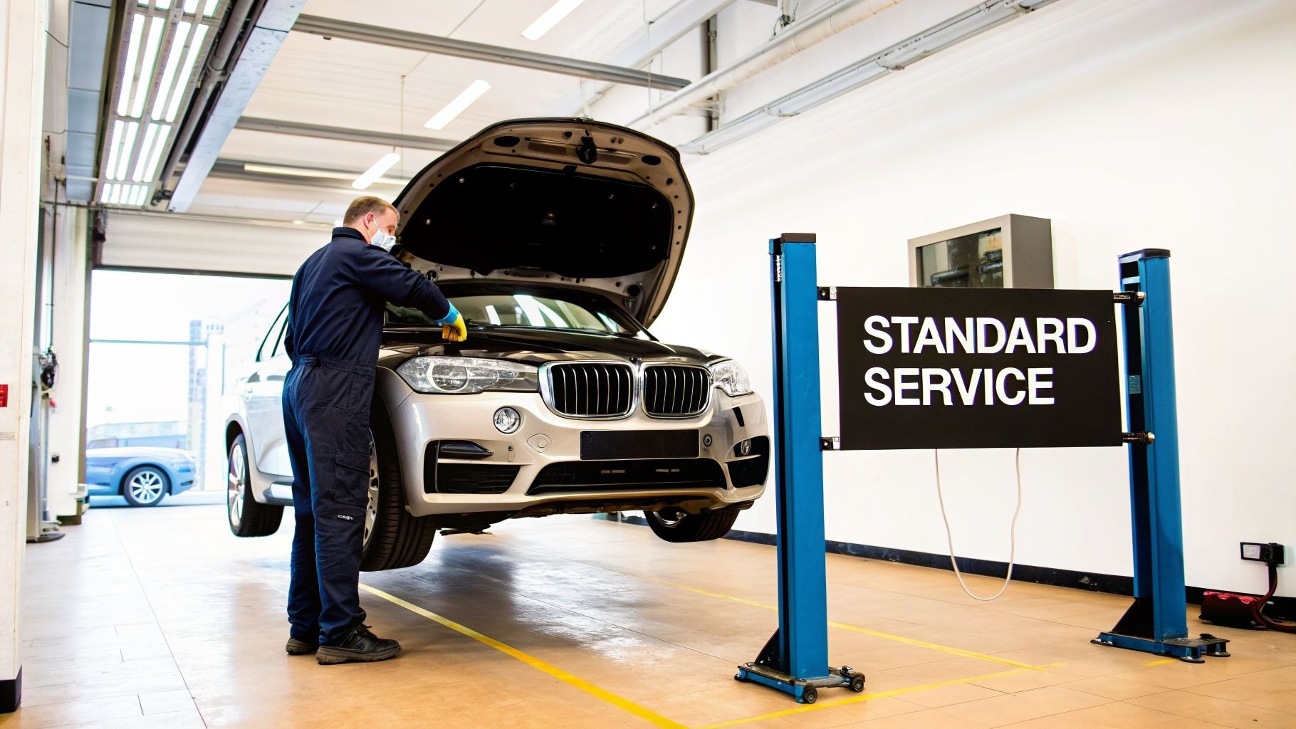 Mechanic in a mask performs standard service on a lifted silver BMW SUV in a professional garage.