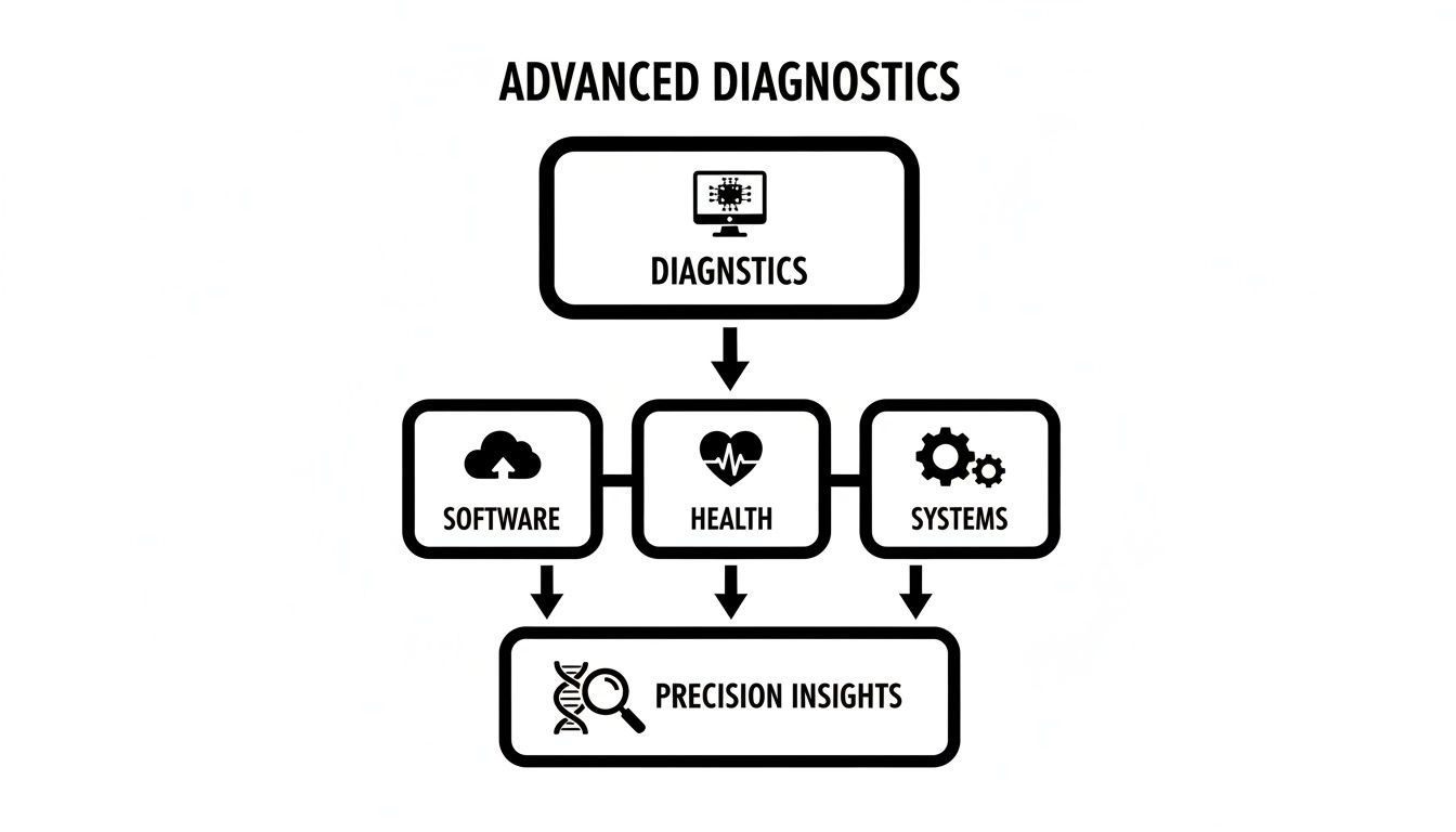 A flowchart detailing Advanced Diagnostics leading to Software, Health, and Systems, converging into…