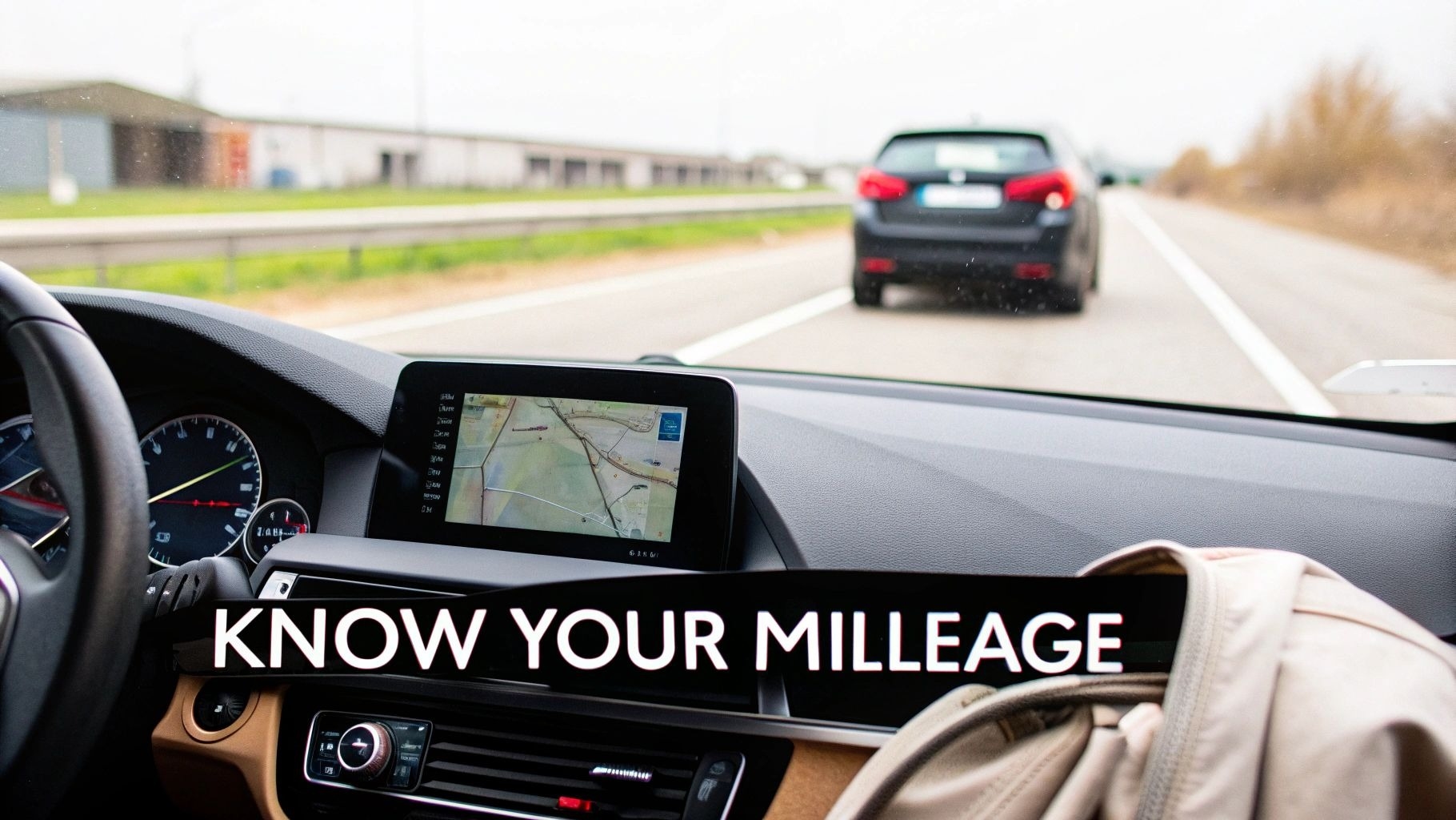 View from inside a car driving on a road with a navigation screen and 'KNOW YOUR MILLAGE' text.