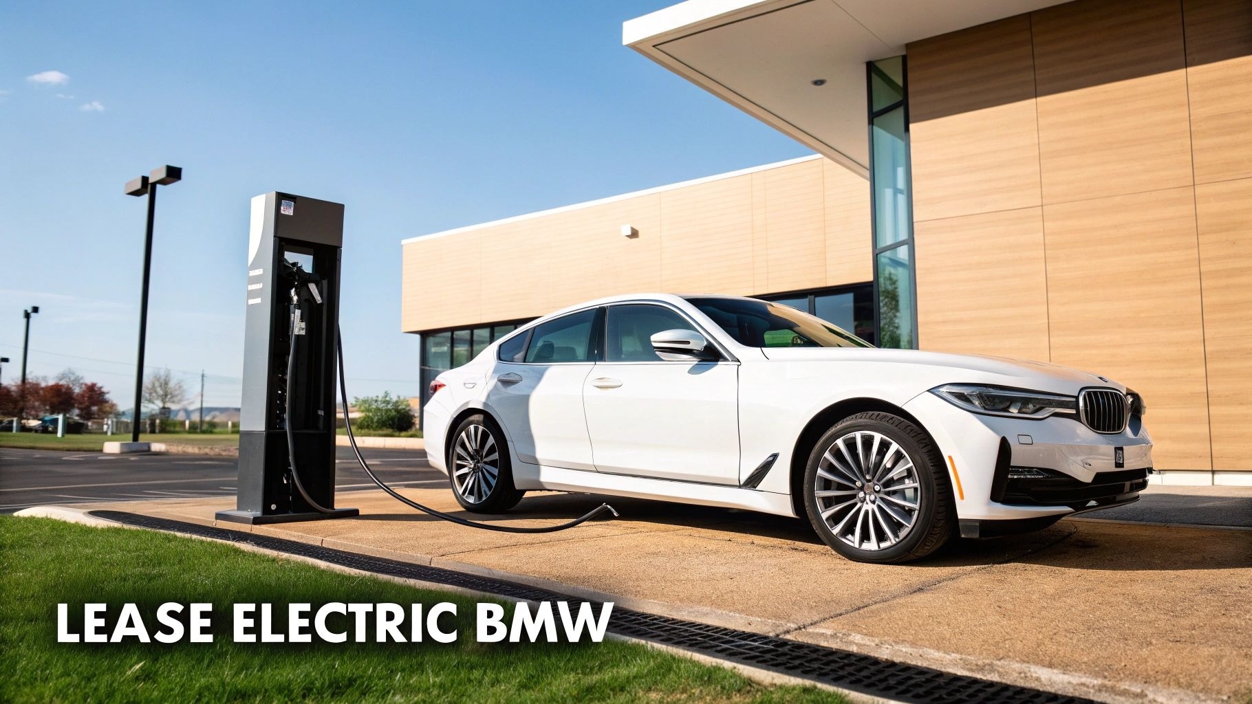 A white electric BMW sedan is charging at an outdoor station in front of a modern building.