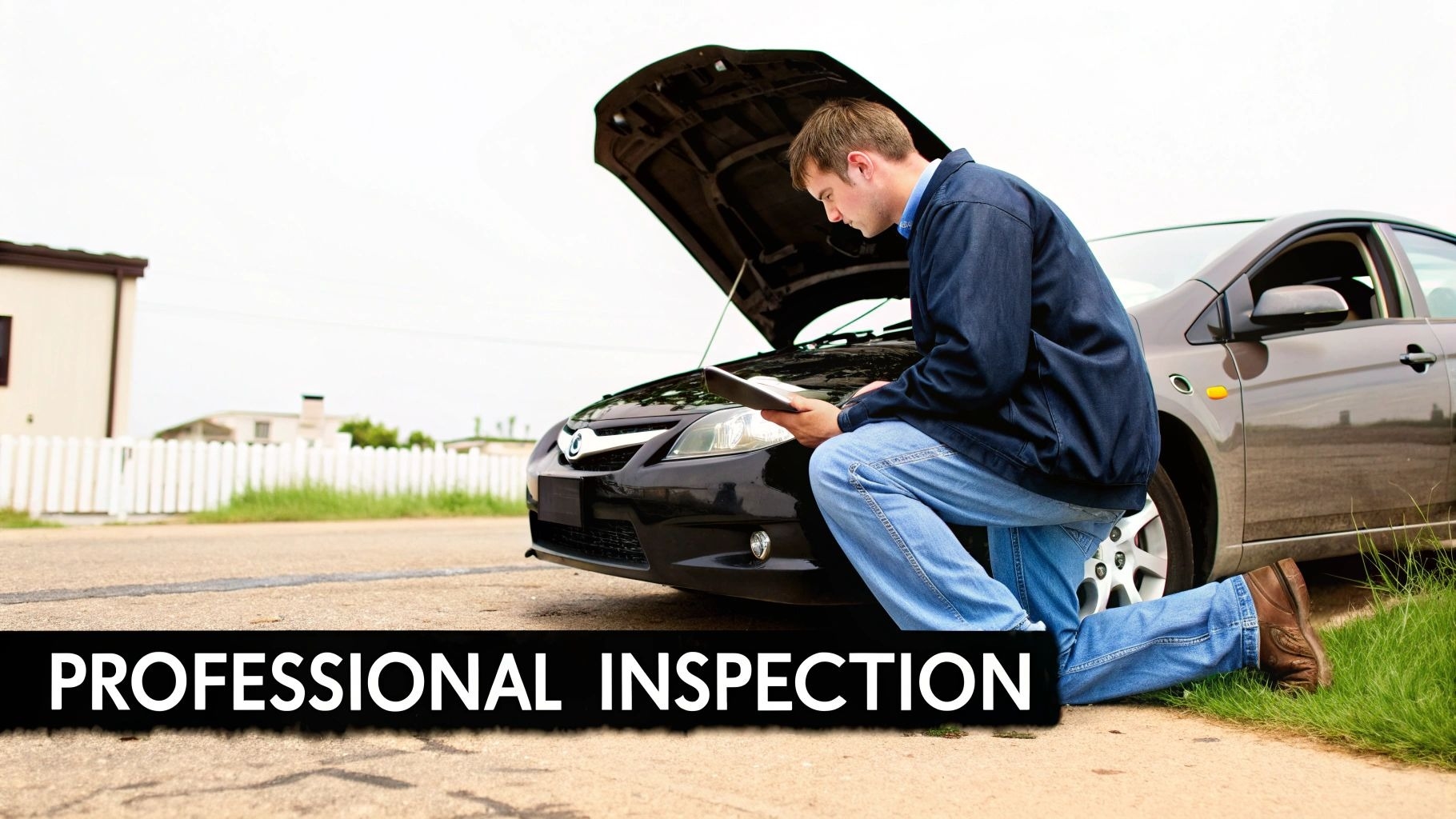 A man in a blue jacket kneels by an open car hood, inspecting the engine with a tablet.