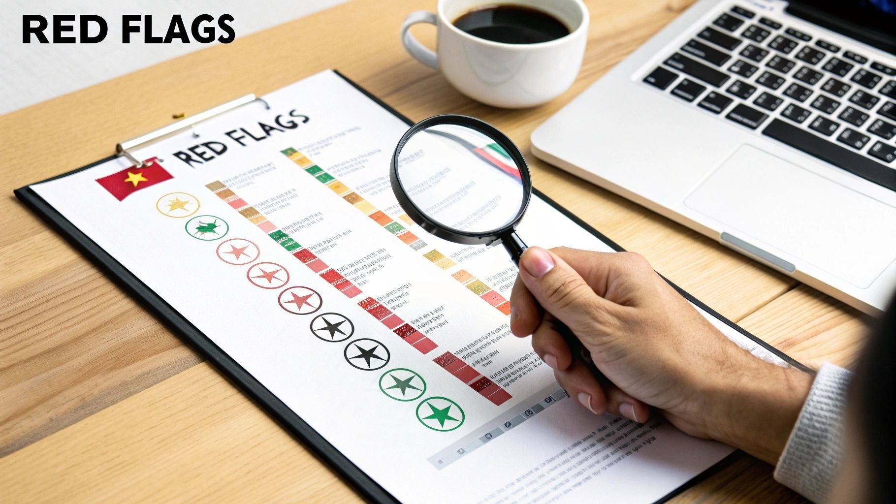 Person using a magnifying glass to analyze a document titled 'RED FLAGS' with charts and icons on a…