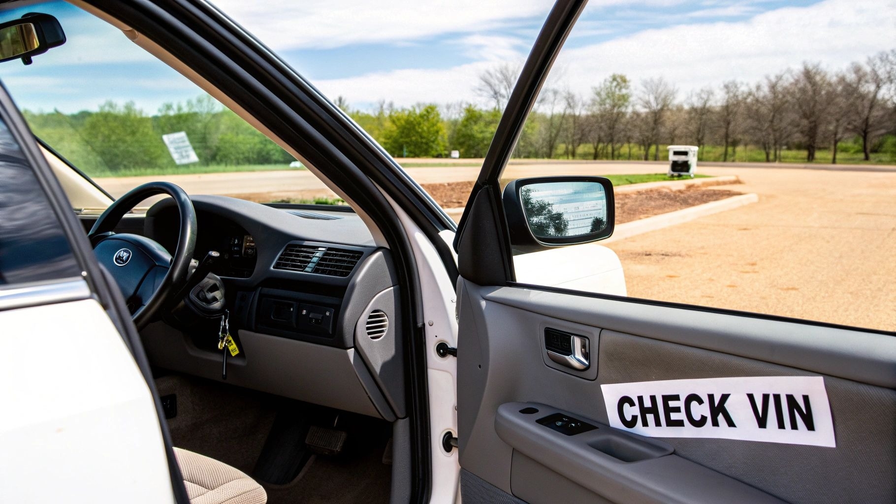 A white car with the driver's door open, showing a CHECK VIN sign on the door panel.