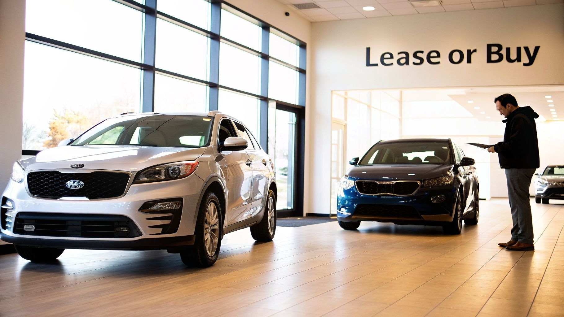 A man in a modern car dealership showroom, looking at papers with multiple cars displayed for lease…
