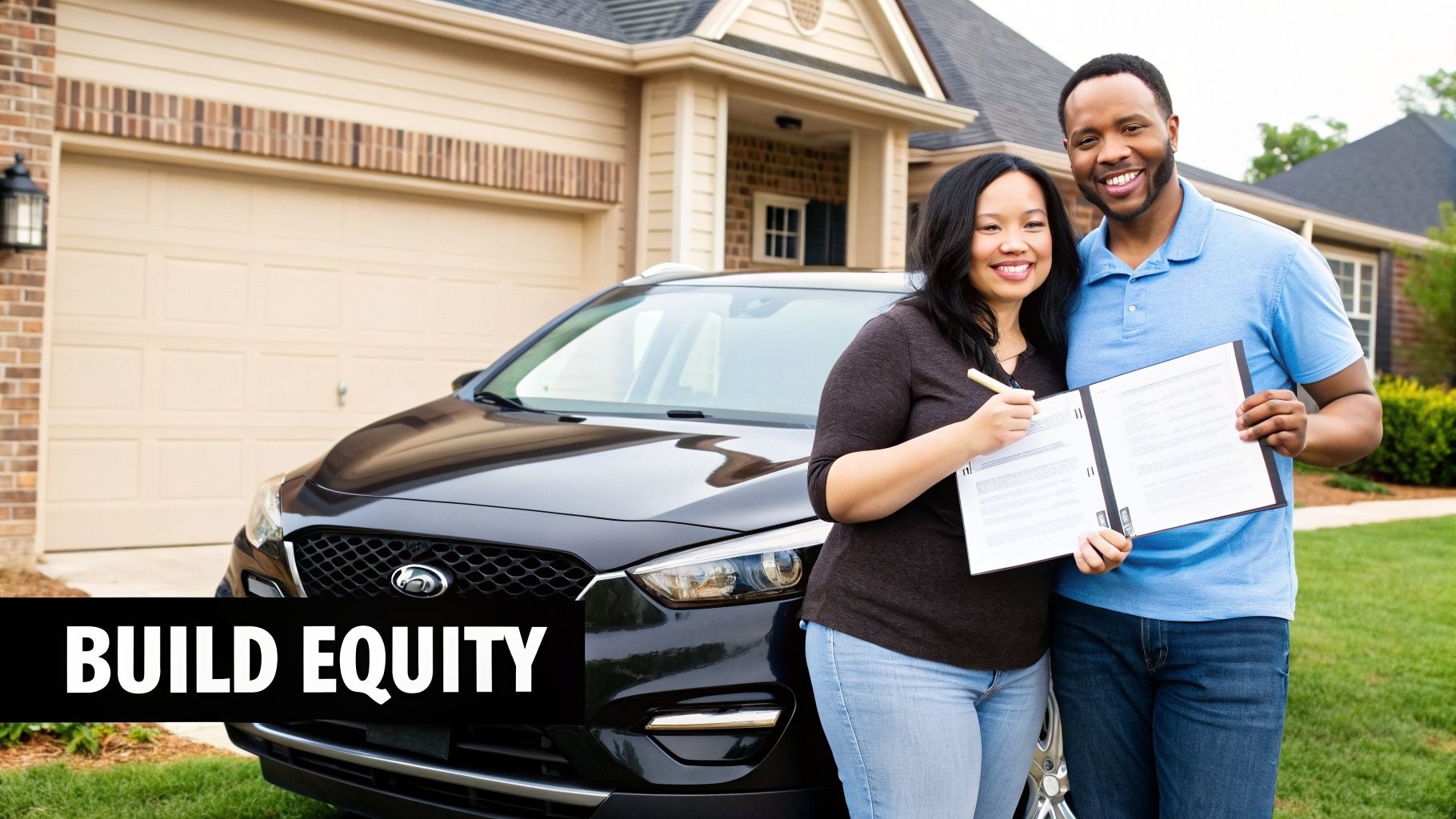 Smiling diverse couple in front of a modern house and black SUV, with 'BUILD EQUITY' text.