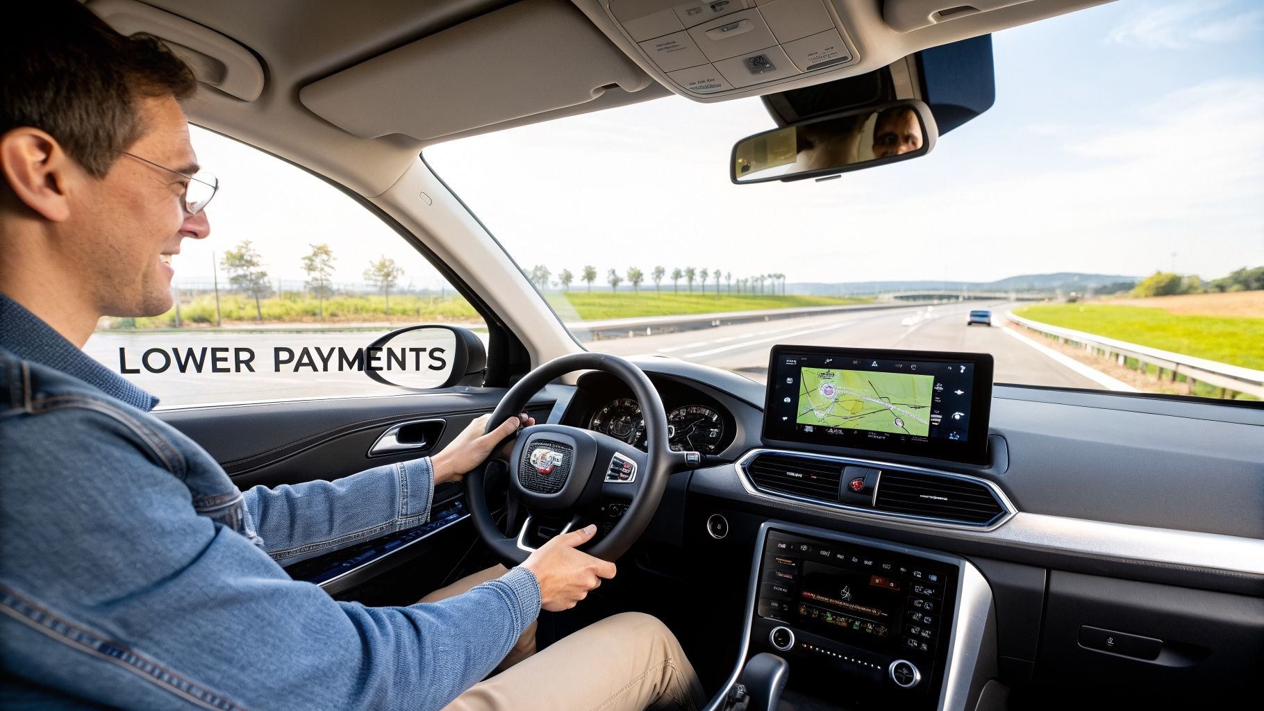 A man in glasses smiling while driving a modern car on a highway, with LOWER PAYMENTS text overlay…