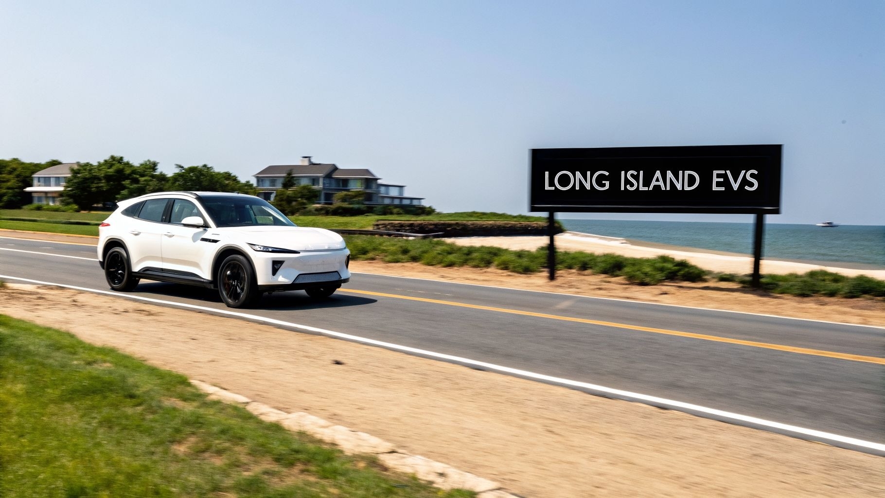 A sleek white electric SUV travels on a coastal road past a LONG ISLAND EVS billboard.