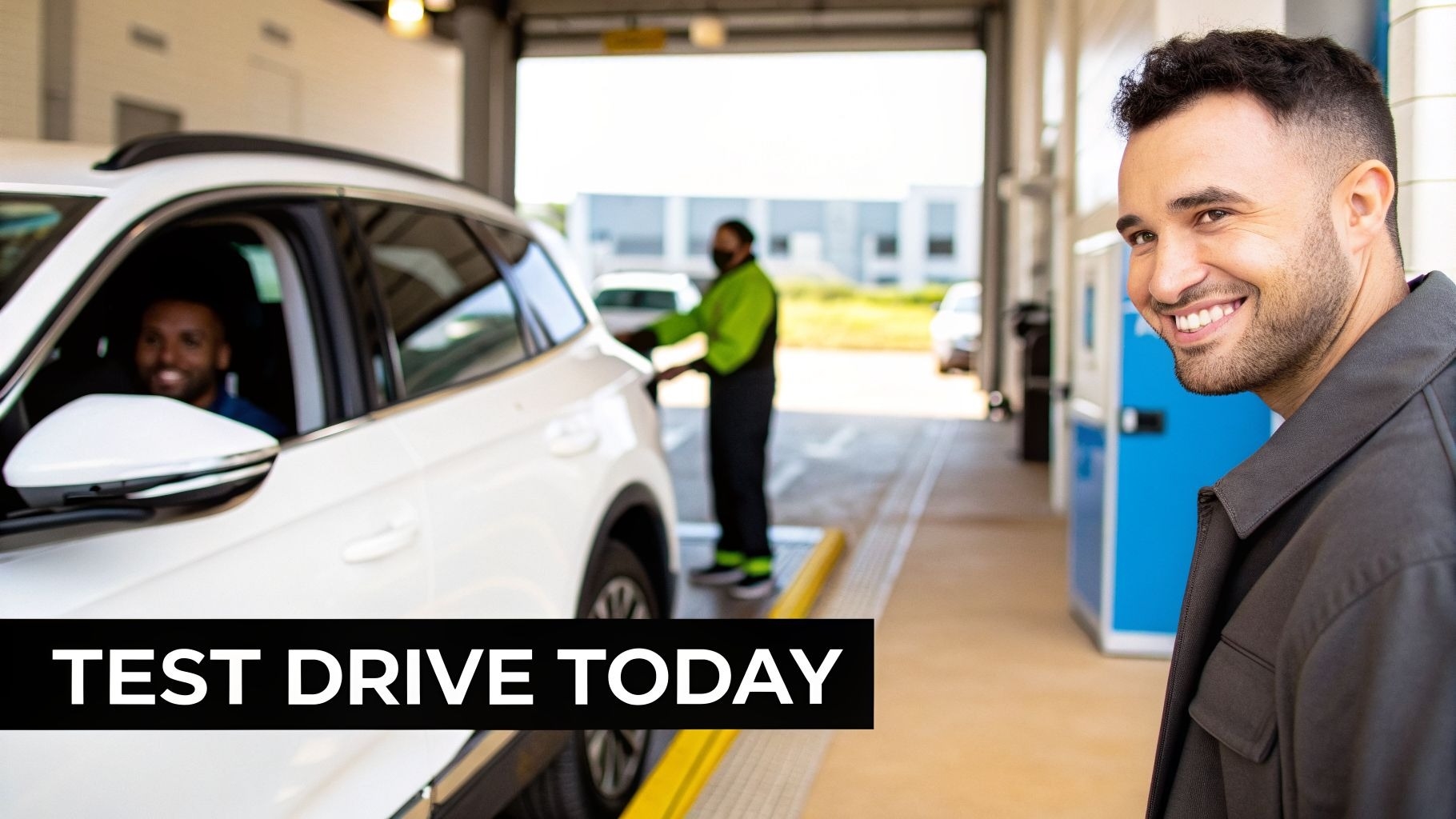 A man smiles at the camera while another man drives a white SUV, with a service bay worker in the ba…