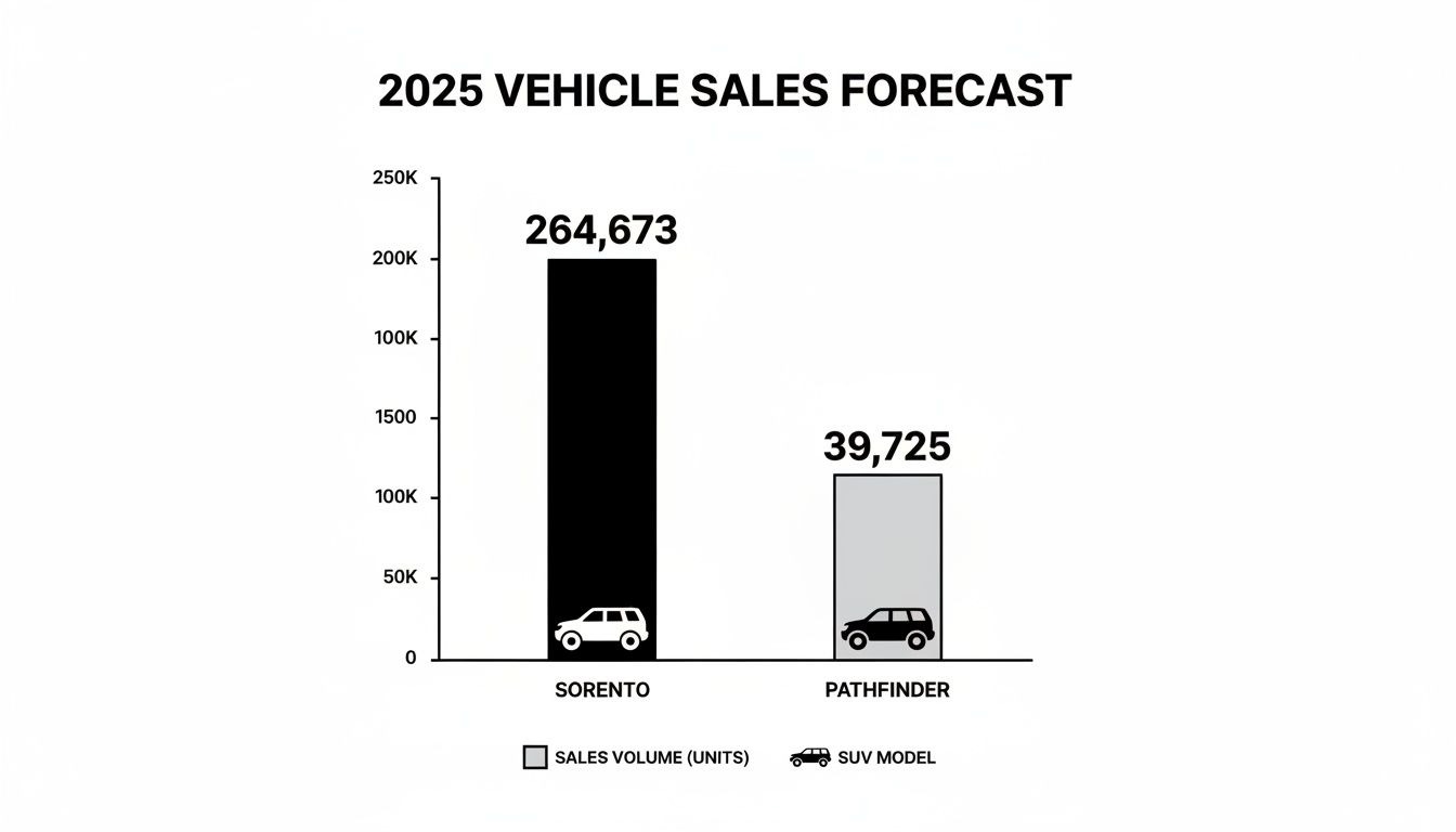Bar chart comparing 2025 vehicle sales forecast for Kia Sorento and Nissan Pathfinder.