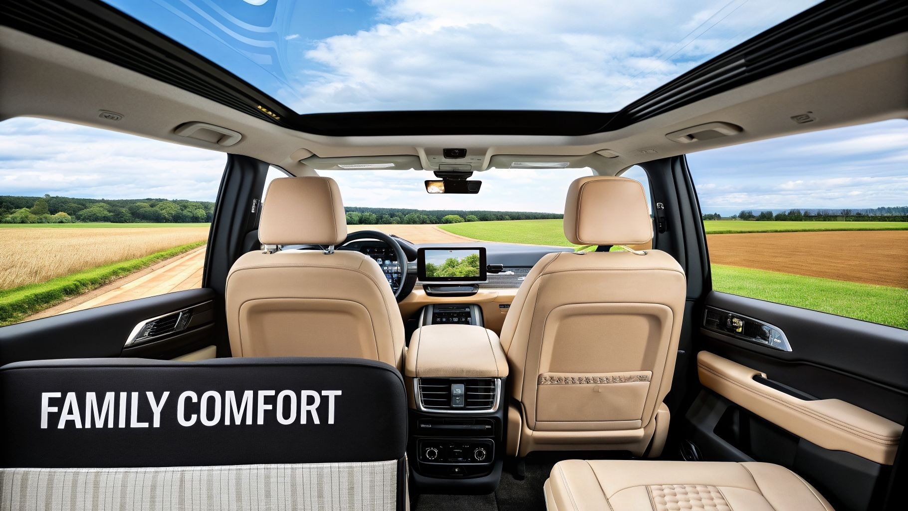 Luxurious car interior with beige leather seats and a panoramic roof, showcasing family comfort on a…