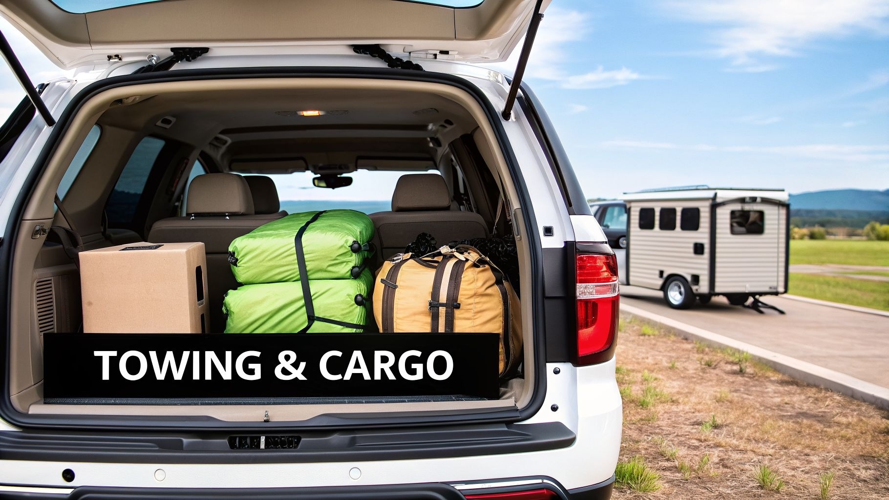 Open white SUV trunk packed with camping gear and box, featuring 'TOWING & CARGO' banner, with a cam…