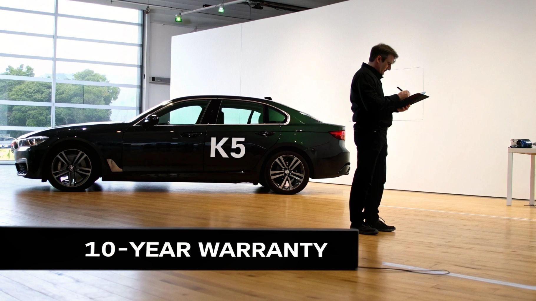 Dark green K5 sedan with a 10-YEAR WARRANTY banner, next to a man writing on a clipboard in a show…
