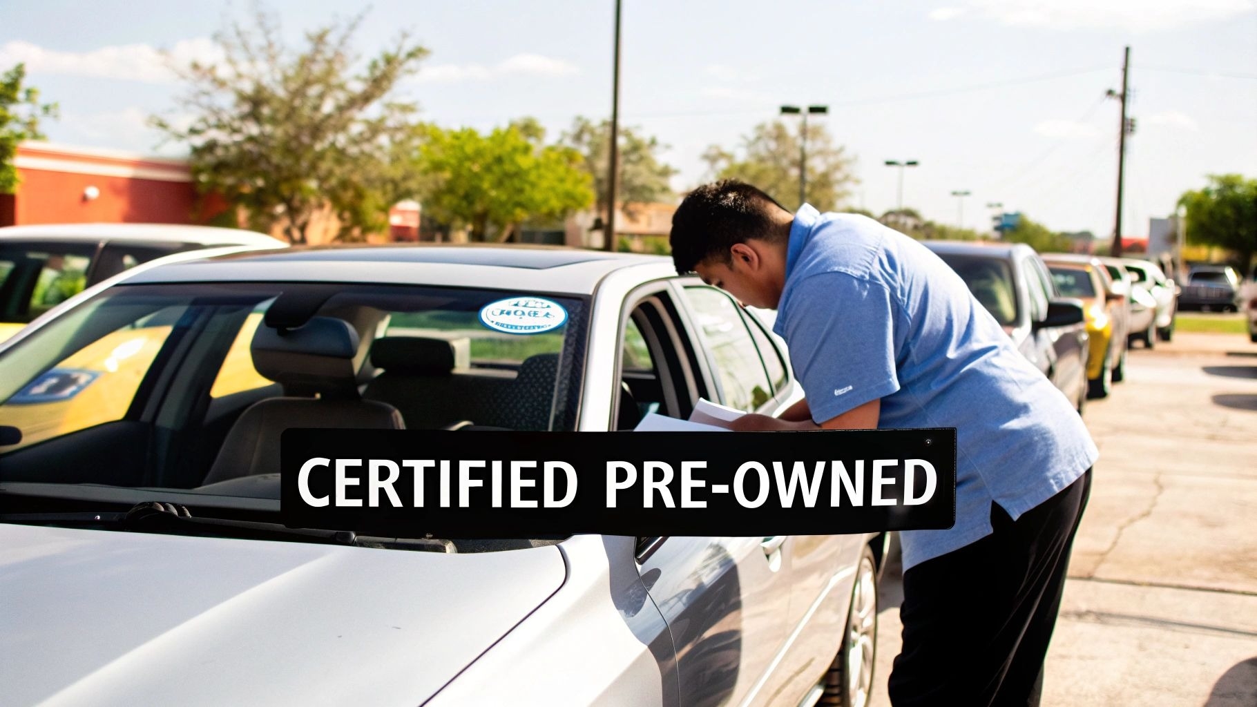A man inspecting a white 'Certified Pre-Owned' car on a dealership lot.