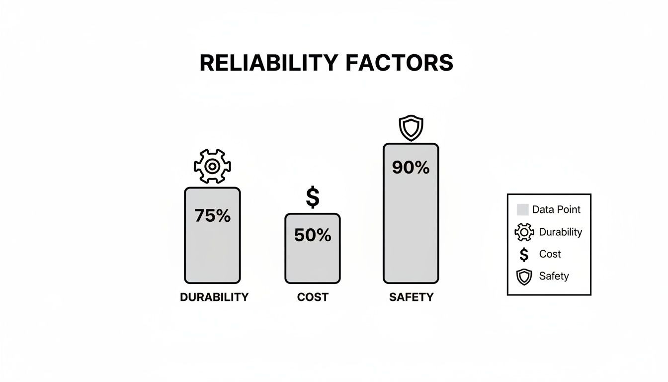 Bar chart illustrating reliability factors with Durability at 75%, Cost at 50%, and Safety at 90%.