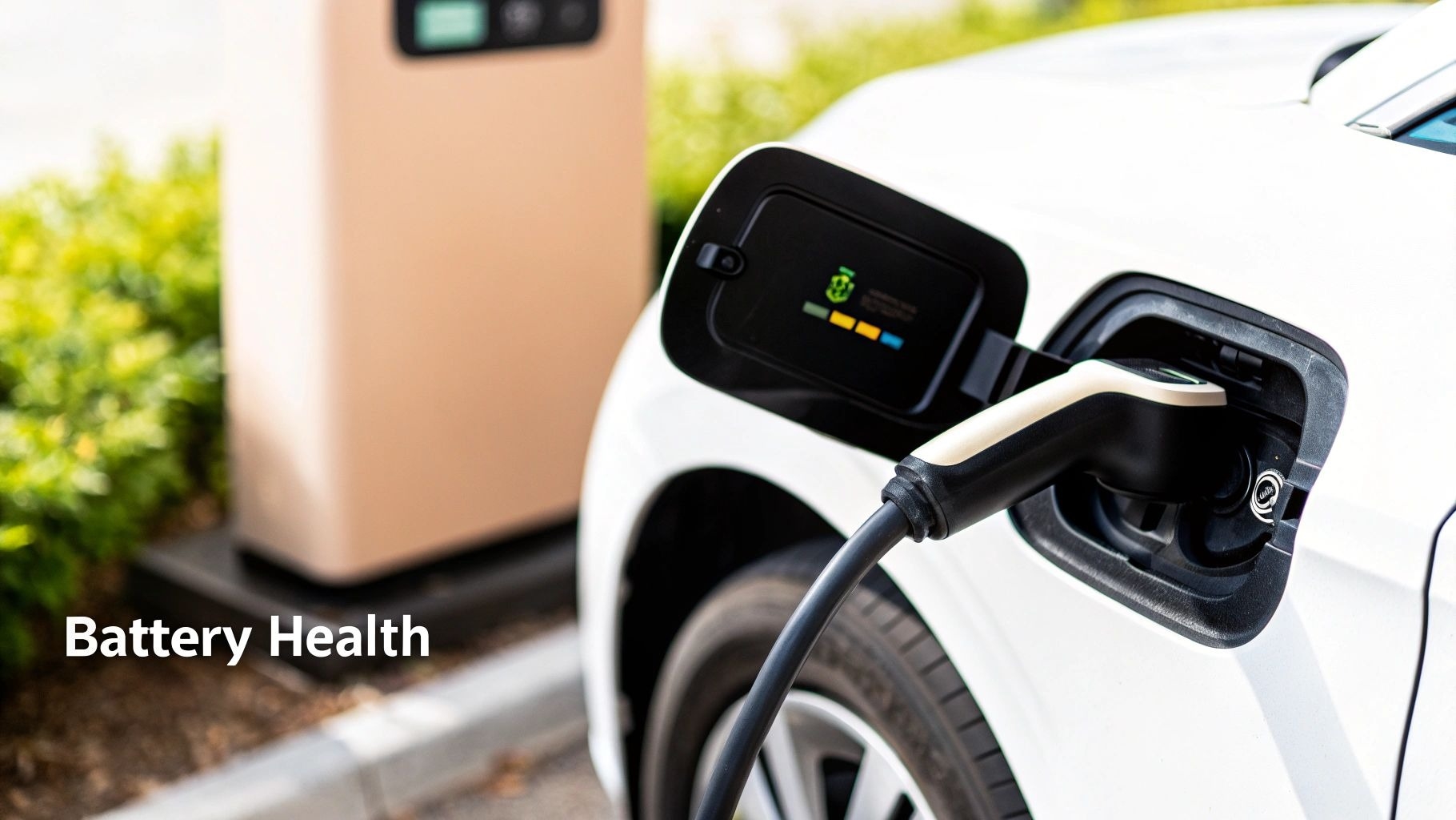 A white electric car is plugged into a charging station, displaying battery health information.