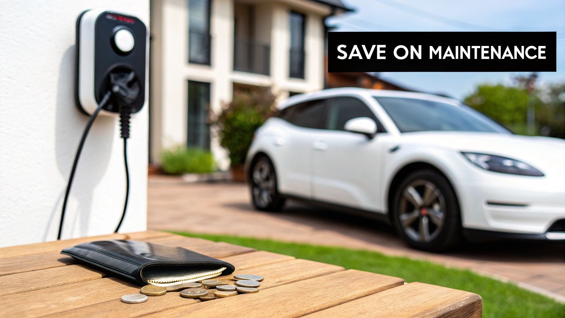 An electric car charging at a home station, with a wallet and coins on a wooden table, highlighting…
