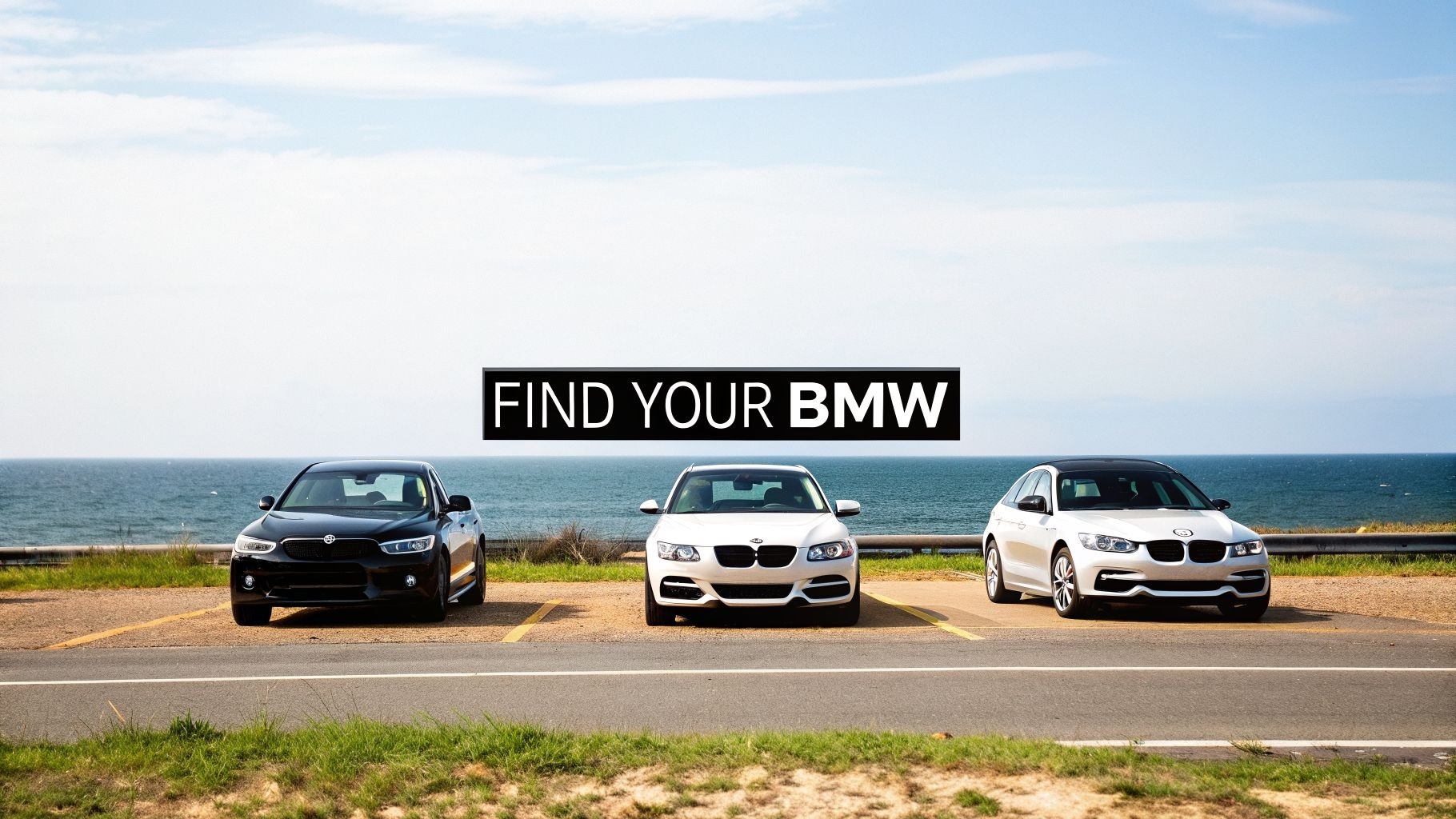 Three cars, a black, white, and silver BMW, are parked by the ocean under a clear sky, with text 'FI…