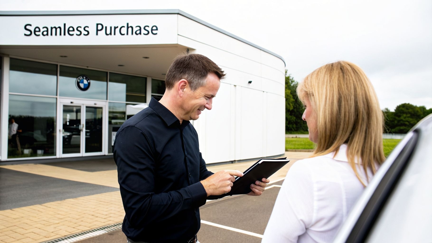 Three cars, a black, white, and silver BMW, are parked by the ocean under a clear sky, with text 'FI…