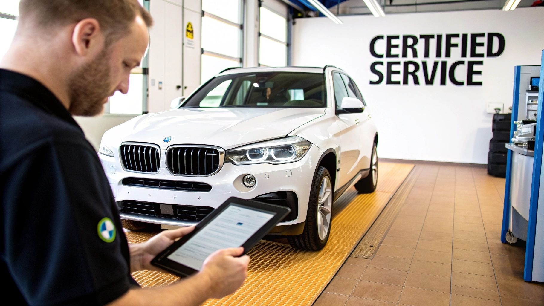 A silver BMW X5 SUV is parked on a paved driveway in front of a modern house with a garage and green…