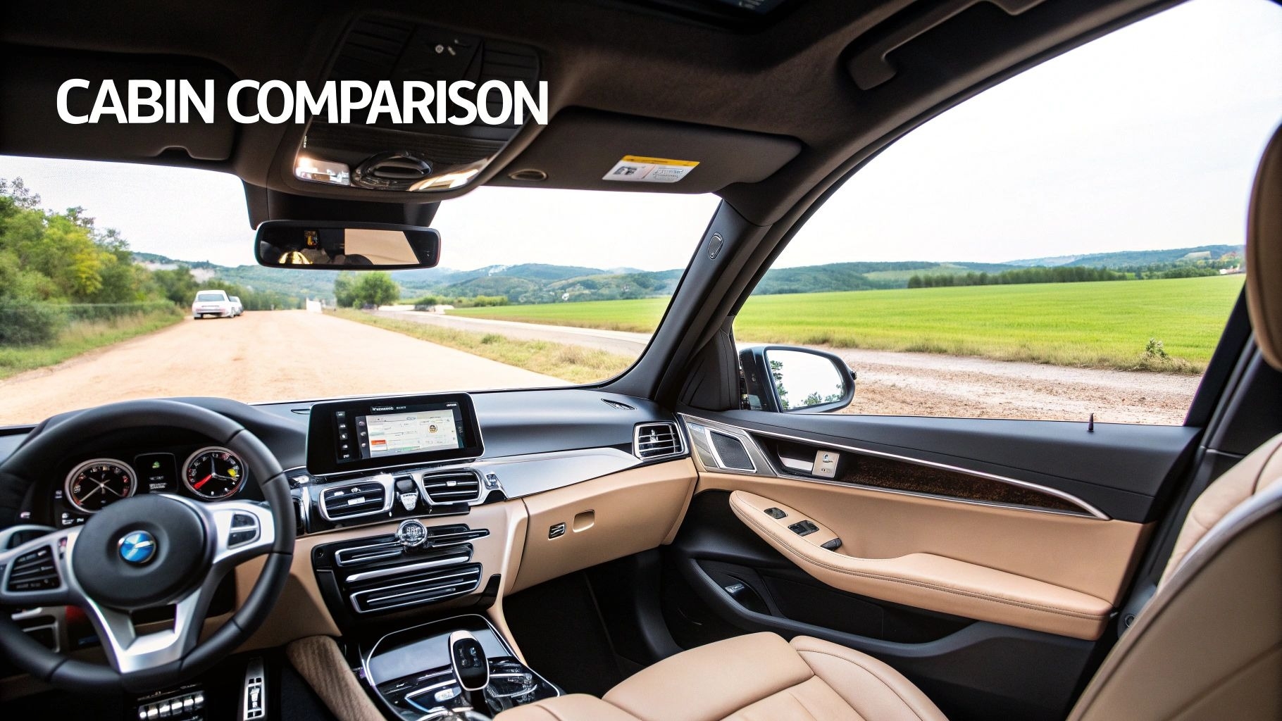 Interior of a BMW car showing the dashboard, steering wheel, and beige seats, with an open road view…