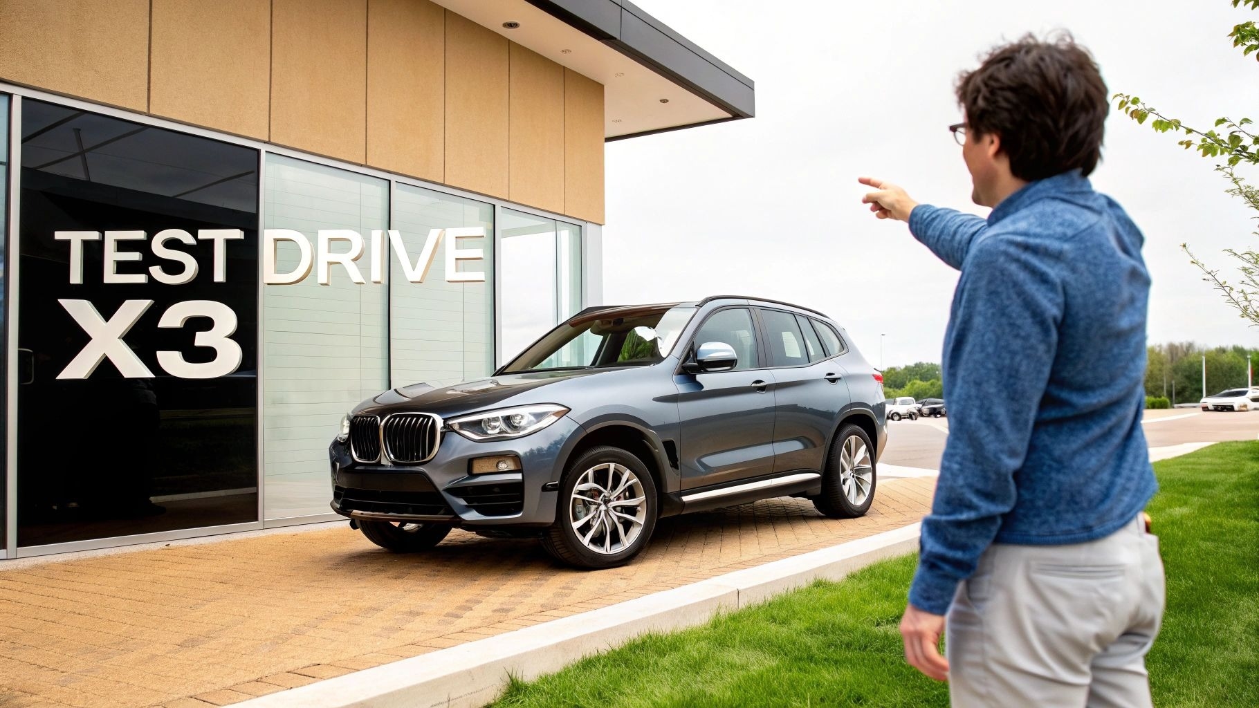 A man points to a grey BMW X3 SUV parked outside a building with 'TEST DRIVE X3' on the window.