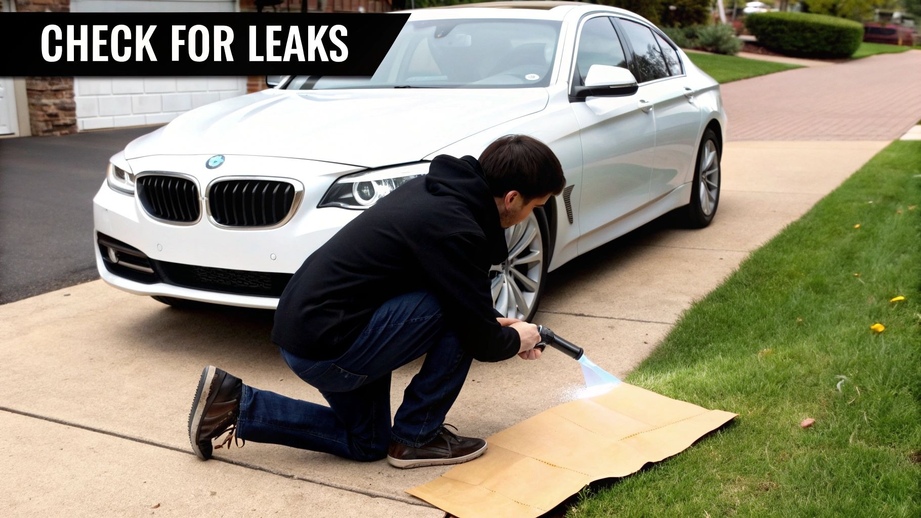 A man kneels beside a white BMW car, spraying leak detection foam onto a cardboard sheet.