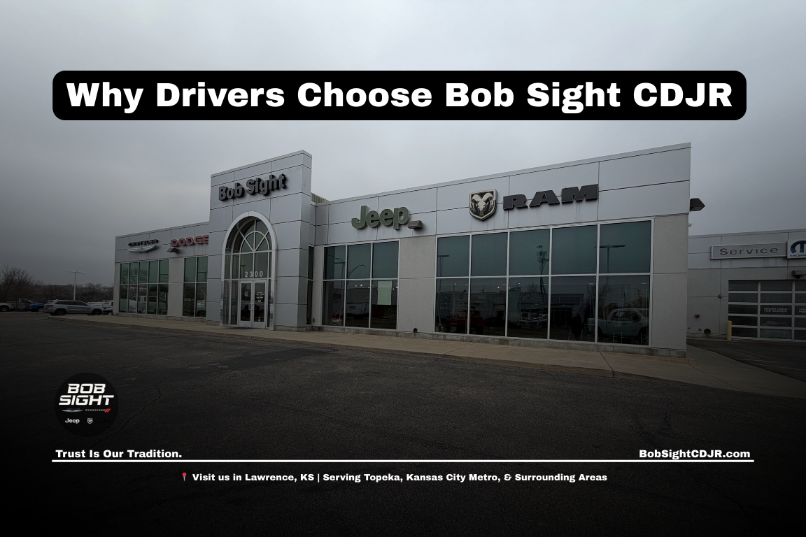 Drivers from Kansas City Missouri visiting Bob Sight CDJR in Lawrence Kansas to explore Jeep and Ram vehicles serving the Kansas City Metro