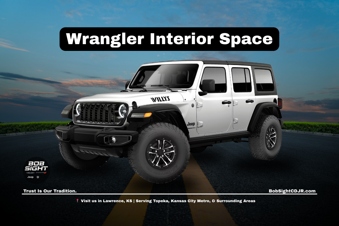 Jeep Wrangler interior space and seating explained at Bob Sight CDJR in Lawrence Kansas serving Douglas County and Northeast Kansas drivers