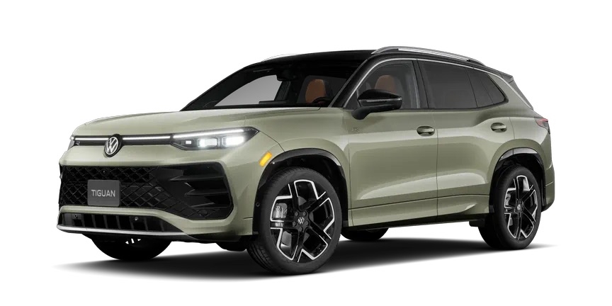 2026 Volkswagen Tiguan SEL R-Line Turbo trim compact SUV in green featuring performance styling and large alloy wheels shown in front three-quarter view