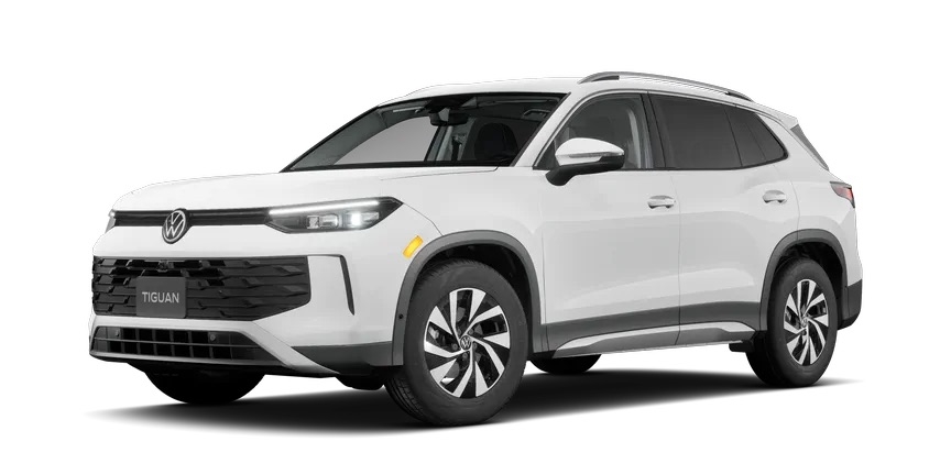2026 Volkswagen Tiguan S trim compact SUV in white showing the base model design and front three-quarter view
