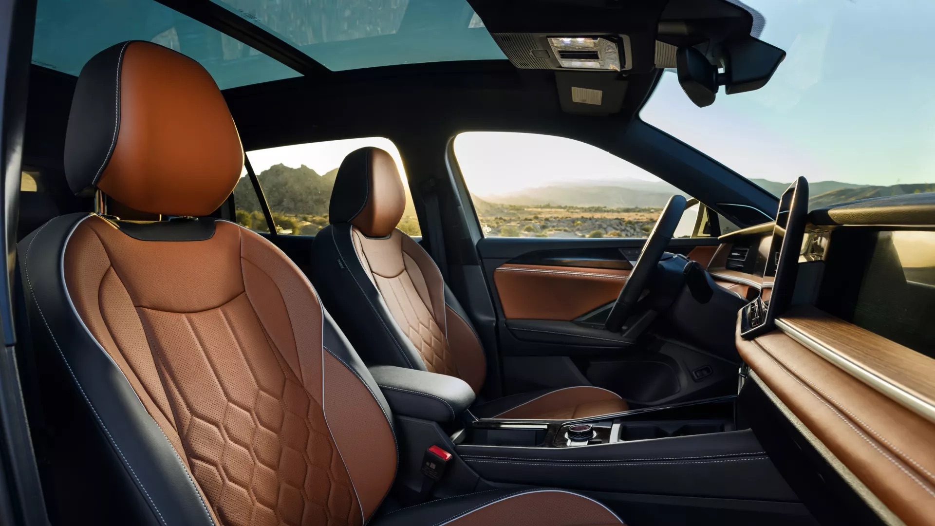 2026 Volkswagen Tiguan interior featuring leather seats, panoramic sunroof, and modern digital dashboard design