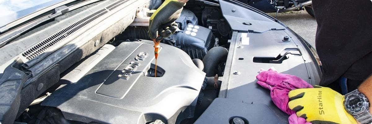 Kia certified technician checking oil level