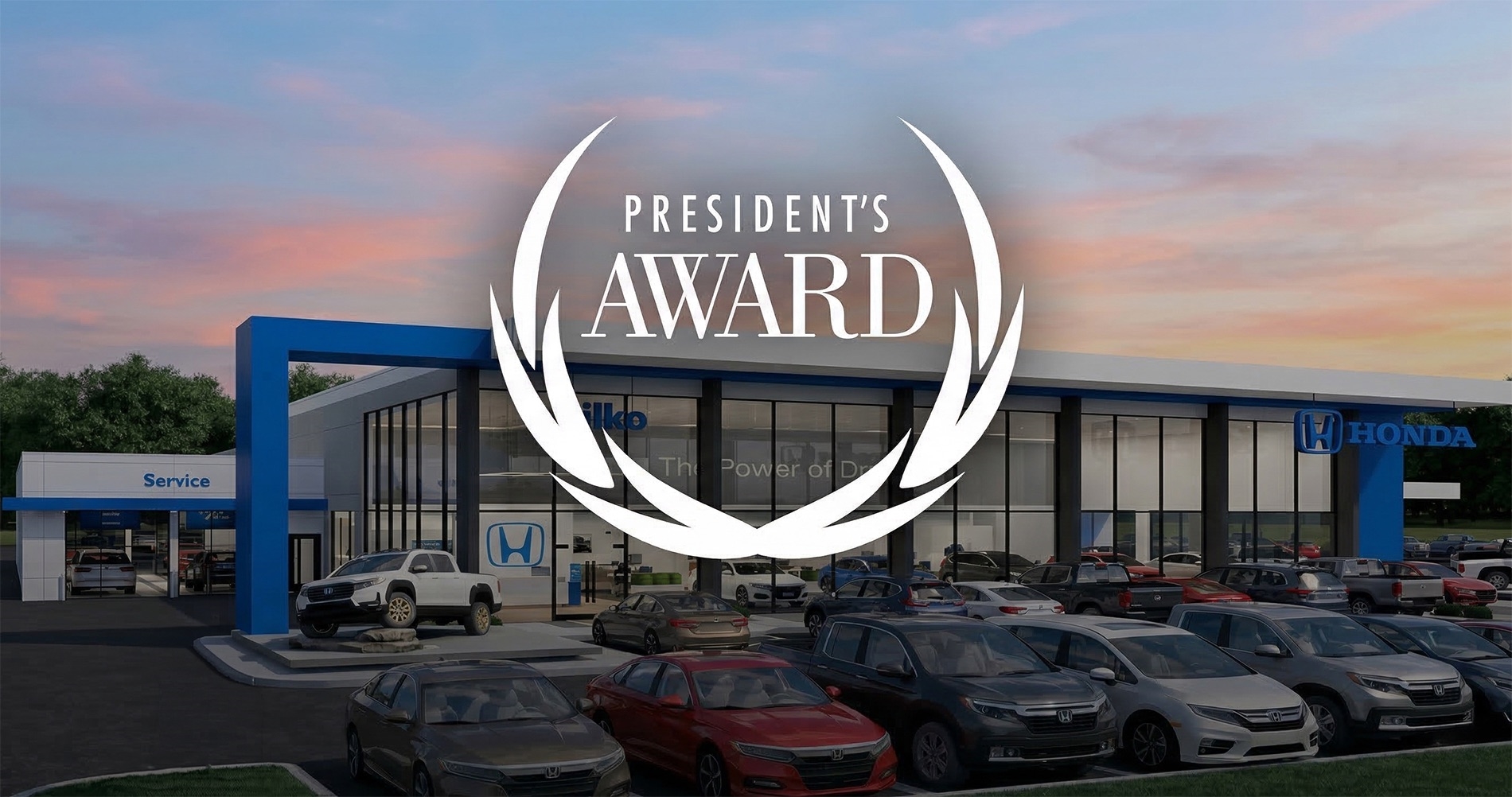 Silko Honda dealership exterior with Honda President’s Award Winner logo overlay representing award-winning performance and customer experience