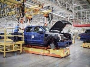 ford lightning f-150 ev truck at factory