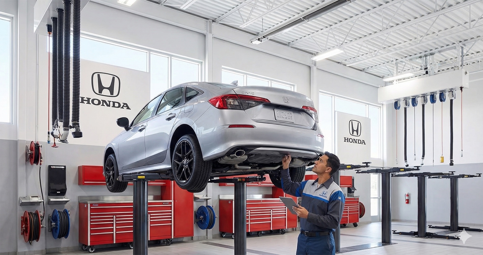 Honda Civic on a service lift inside a Honda service center while a technician inspects the undercarriage using a tablet during scheduled maintenance
