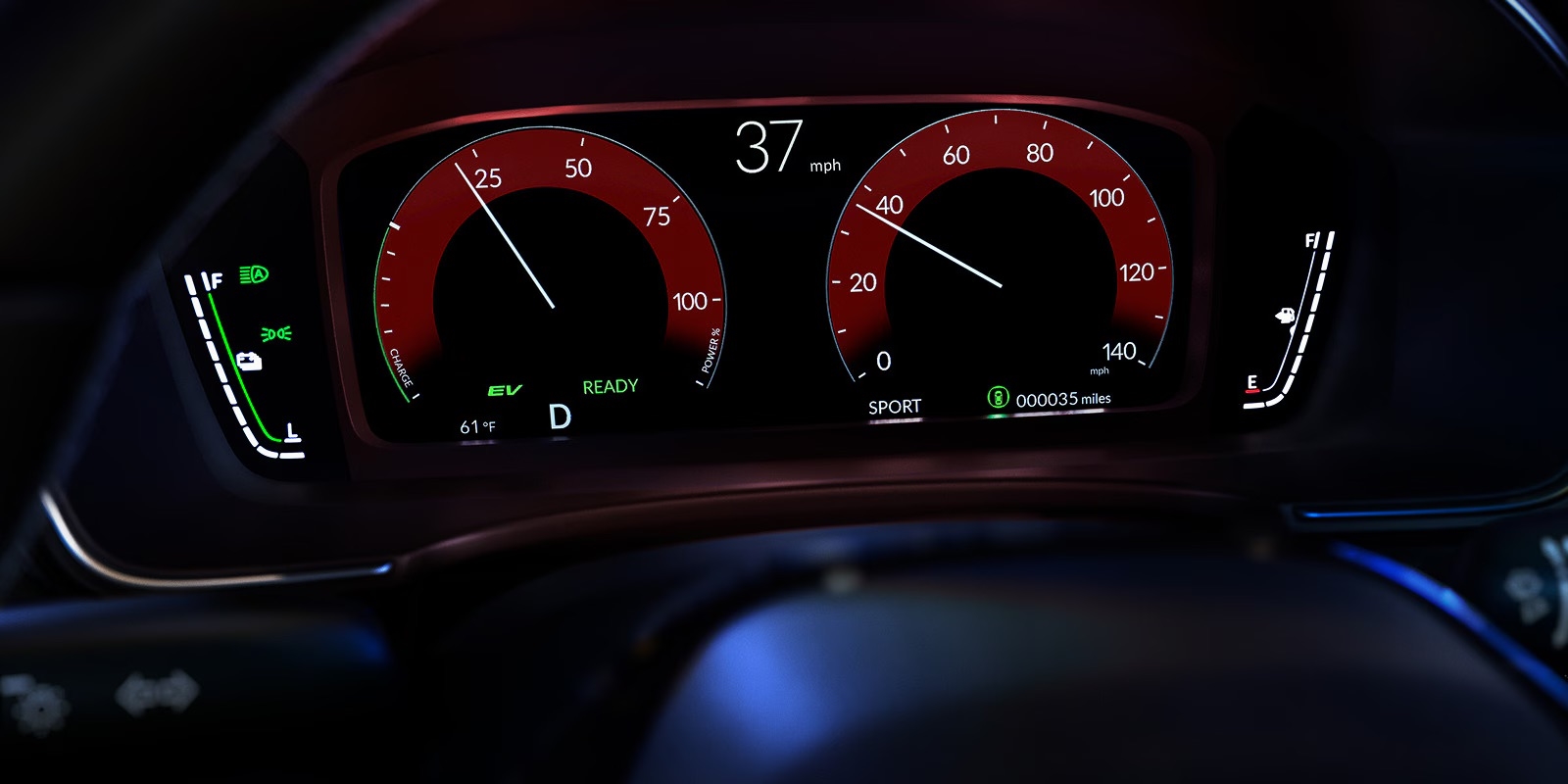 Honda Civic digital instrument cluster displaying speed, EV status, and maintenance indicator icons on a modern dashboard