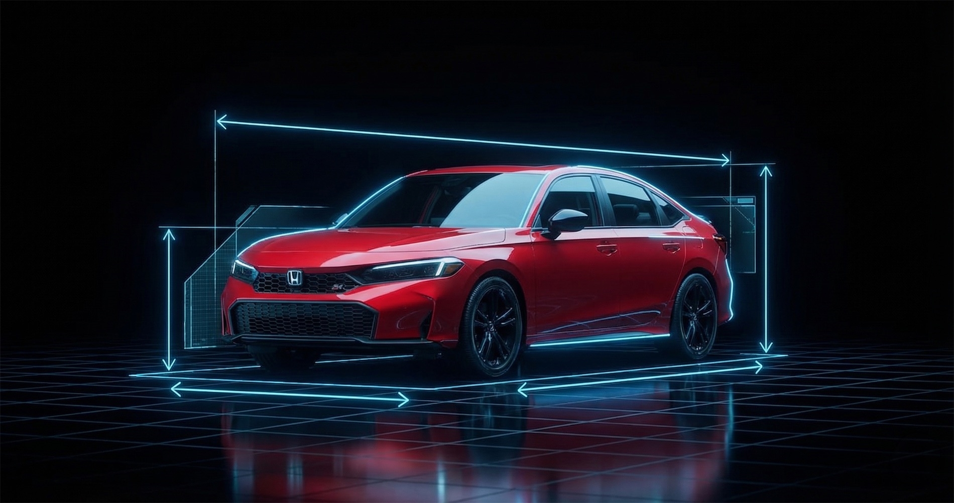 2026 Honda Civic dimensions visual showing a Civic Sedan in a futuristic studio with glowing blue measurement lines illustrating length, width, and height